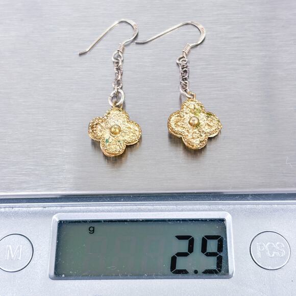 Vintage Sterling Silver 925 Gold Tone Clover Dangle Earrings - Picture 8 of 8